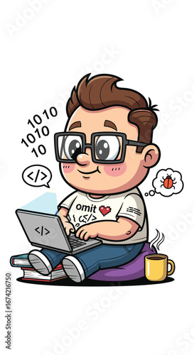 Programmer codes on laptop with binary thoughts and bug focus. Coding, development, software, computer, binary, technology, debug, problem solving, developer, engineering.