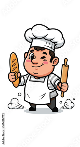 Winking chef holds baguette and rolling pin. Bakery, cartoon, cooking, baking, profession, food, humor, playful, culinary, pastry, baker, restaurant