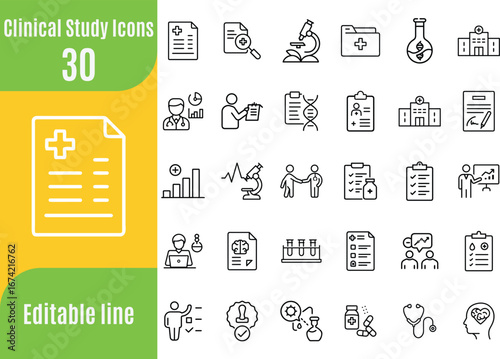 Clinical Study Line Editable Icons set. Vector illustration in modern thin line style of medicine related icons: patient, placebo effect, research results, and more.