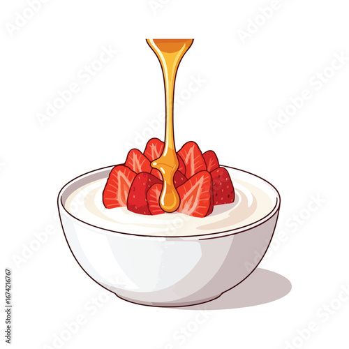 White bowl of yogurt with sliced strawberries and dripping honey vector