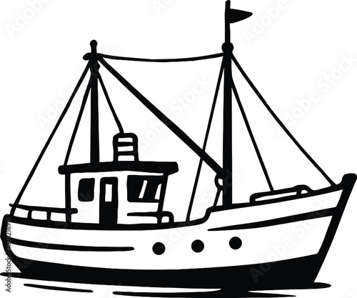Black and white fishing boat vector illustration. A simple graphic of a commercial fishing vessel, ideal for nautical themes, ocean-related designs, and maritime industry logos.