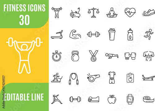 Set of line icons related to fitness, gym. Outline icon collection. Editable stroke. Vector illustration