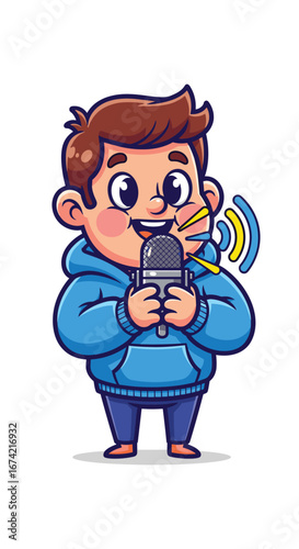 Boy in hoodie sings into microphone. Vocal performance, podcast, broadcast, streaming, music, voice, sound, technology, entertainer, communication, speaking