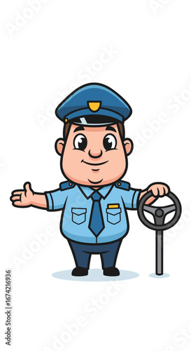 Cartoon policeman holds steering wheel, guides traffic. Officer cheerful, safety, transportation, direction, security, order