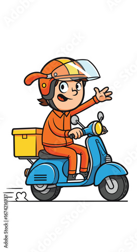 Delivery guy on scooter waves hello. Express service, fast shipping, friendly courier, online shopping, transportation, moped