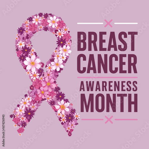 Vector art of breast cancer awareness month with a pink ribbon made of flowers, representing hope, support, and the fight for womens health and a cure
