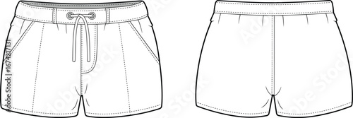 Vector flat sketch of women’s casual drawstring shorts with side pockets and elastic waistband, front and back technical view.