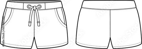 Flat technical sketch of women's drawstring shorts with front pockets, suitable for fashion design, clothing template, and apparel illustration.