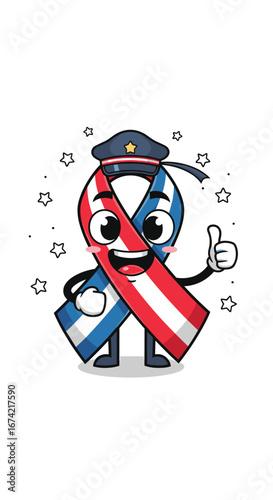 Cartoon ribbon character wears police hat and gives thumbs up! Patriotism, support, awareness, law enforcement, service, encouragement, unity, pride.