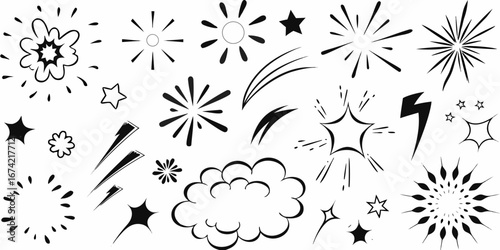Collection of black and white hand drawn comic book style explosion bursts stars and lightning bolt elements