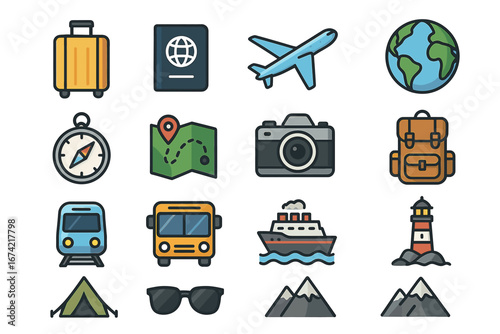 Travel icons: globe, passport, airplane, compass, backpack illustrated set