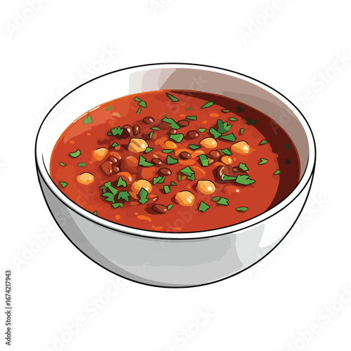 White bowl of red bean soup with chickpeas and parsley beans