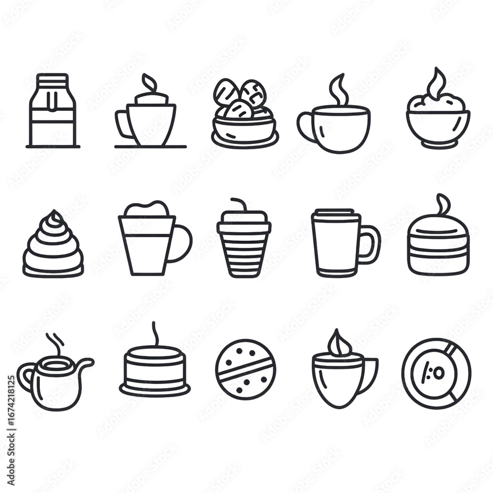 Fototapeta premium Caffeinated Delights: A monochrome array of line-art icons featuring an assortment of coffee and dessert treats, visually representing the pleasures of indulgence.