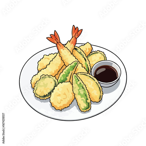 Illustration of assorted tempura vegetables and shrimp with dipping sauce on a white plate vector