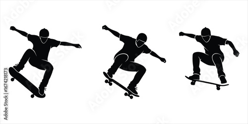 Silhouettes of three skateboarders performing tricks on white background skateboarding jump
