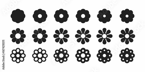 Collection of stylized black flower icons with varying petal designs and counts on a white background