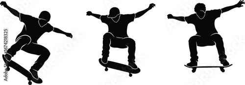 Silhouettes of three skateboarders performing tricks on white background skateboarding jump