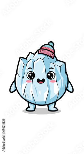Cute iceberg character with a winter hat smiles. Cartoon, ice, cold, happy, winter, season, mascot, adorable, arctic, antarctic