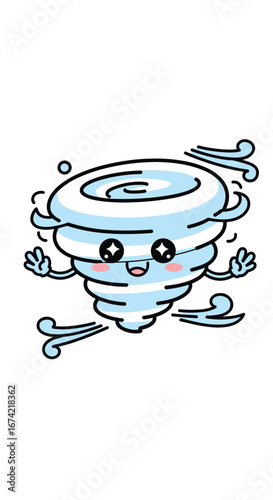 Kawaii cartoon tornado running playfully. Weather, twister, wind, animation, fun, happy, kids, cute.