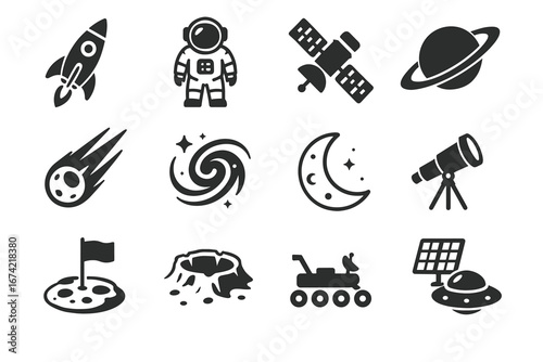 Space exploration icons: rocket, astronaut, satellite, planet, comet, galaxy, moon