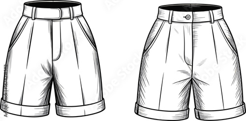 Fashion vector illustration of women’s pleated cuffed shorts with belt loops front and back view for apparel technical design.