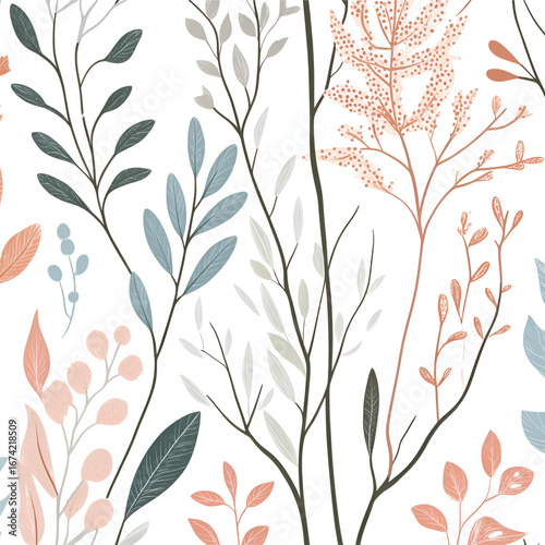 Botanical Harmony: A minimalist illustration of an intricate botanical arrangement. delicate branches with textured leaves and buds create a sense of refined beauty.