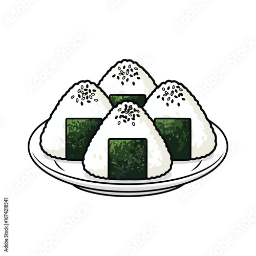 Four triangular onigiri rice balls with seaweed and sesame seeds on a white plate japanese food nori