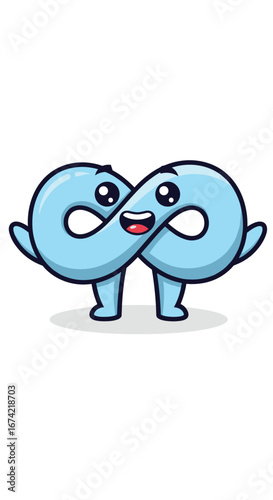 Cute infinity symbol character smiles. Math, infinite loop, mascot, cartoon, endless, number, sign, cute, happy, fun, cheerful, animation, forever.