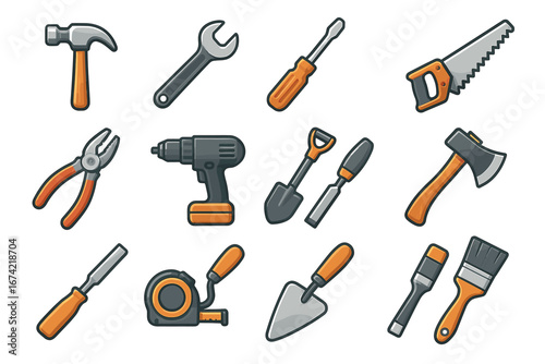 Collection of various hand tools with wooden handles for construction and repair