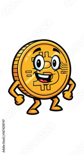 Coin character smiles wide with limbs and digital pattern. Cryptocurrency, cartoon, mascot, finance, technology, investment