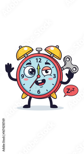Cartoon alarm clock waves while dreaming of sleep. Time management, morning routine, snooze, deadline, wake up, reminder, punctual, cartoon, funny, cute, vector.