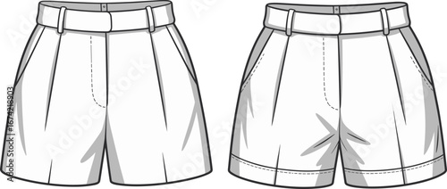 Vector flat sketch of women’s tailored shorts front and back views for fashion design, garment template, apparel technical drawing.