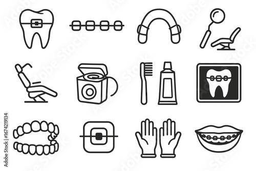 Orthodontic icons set: braces, dental chair, oral hygiene tools, and treatment illustrations