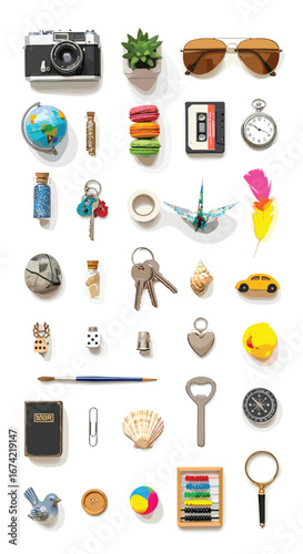 Overhead view of assorted trinkets and objects. Collection of random items, treasures, hobby assortment, and still life.