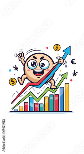 Happy character runs up rising financial charts! Business growth, investment success, market trends, financial, economy, stock market, upswing.
