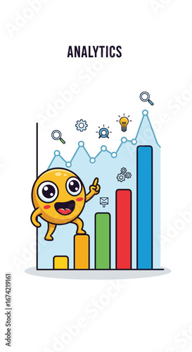 Mascot points to growth on a bar chart. Business analytics, strategy, financial data, market analysis, rising graph, success