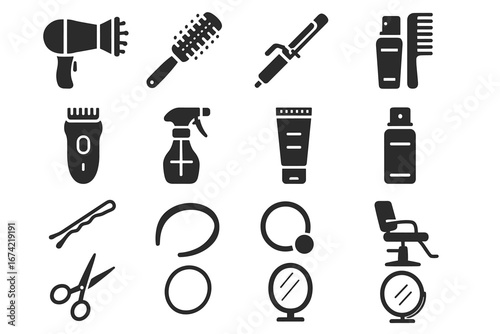 Various hair salon tools and accessories icons in black silhouettes