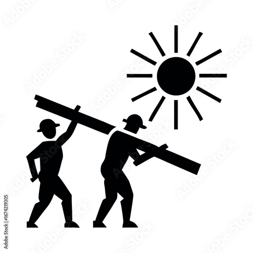 Workers carrying lumber under the sun wood