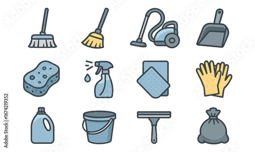 Colorful collection of various cleaning tools and supplies icons
