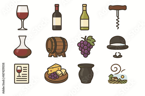 Winery icons: wine, grapes, barrel, corkscrew, cheese, vineyard scenery