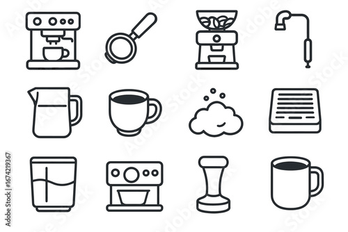 Coffee making essentials: espresso machine, grinder, brewer icons set