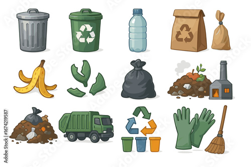 Recycling and composting icons: waste management and sustainability
