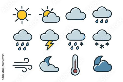 Weather icons set: sun, clouds, rain, snow, wind, moon, thermometer