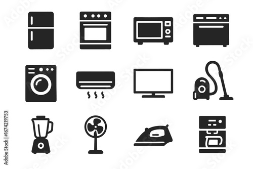 Essential household appliances icon set: fridge, oven, microwave, washer, vacuum, blender, fan, iron