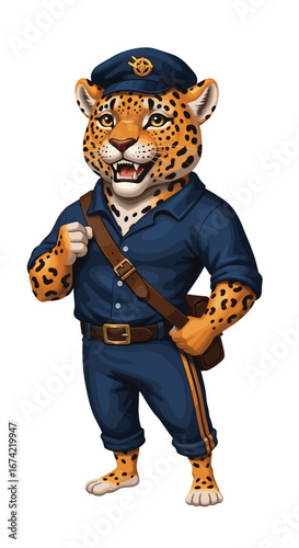 Cartoon jaguar dressed as mailman delivers mail. Animal mascot, post office, delivery service, uniform, costume, character.