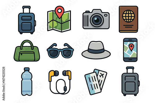 Essential travel icons set featuring luggage, camera, passport, and headphones