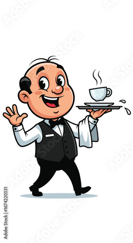 Waiter carries drink. Cartoon waiter, server, catering, hospitality, restaurant, service, occupation, professional, cup, steam, spill, tray, uniform.