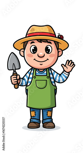 Cartoon gardener waves, holding a trowel. Farming, agriculture, harvest, gardening, hobby, cute, farmer, happy, friendly, countryside