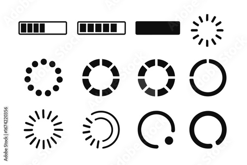 Set of loading icons and progress indicators in black on white background