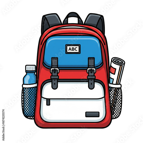 Red and Blue School Backpack with Water Bottle and Rolled Paper.